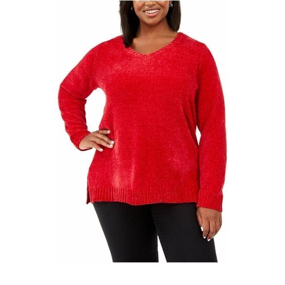Karen‎ Scott Sweater Top 1X Plus Size Chenille Red - Picture 1 of 5